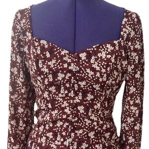 Abercrombie Floral Long Sleeve Shirt Button Through V-Neck Brown Small